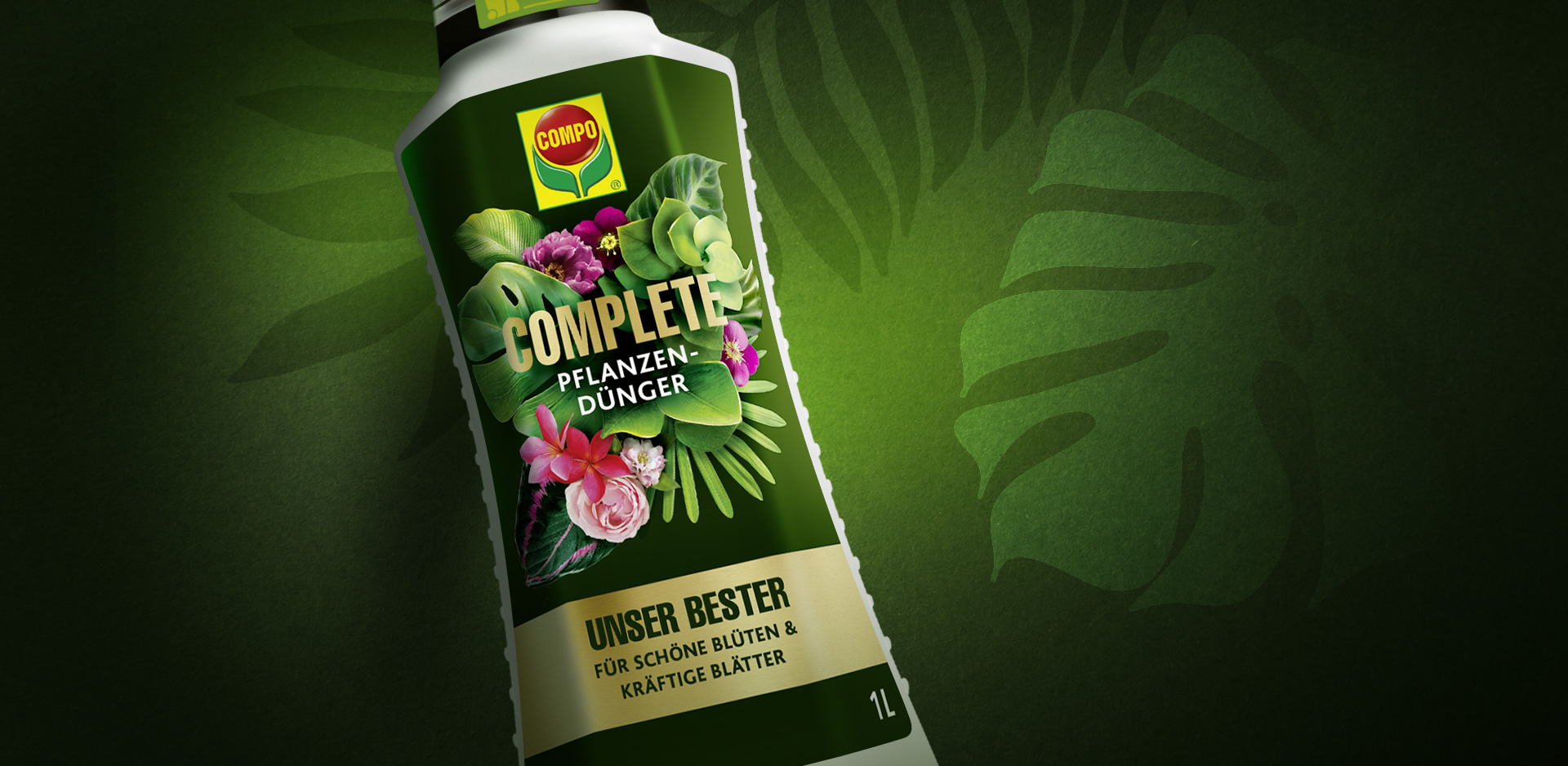 Slider Foto mit dem COMPO Logo und einer Flasche des flüssigen Planzendüngers als Hintergrund
