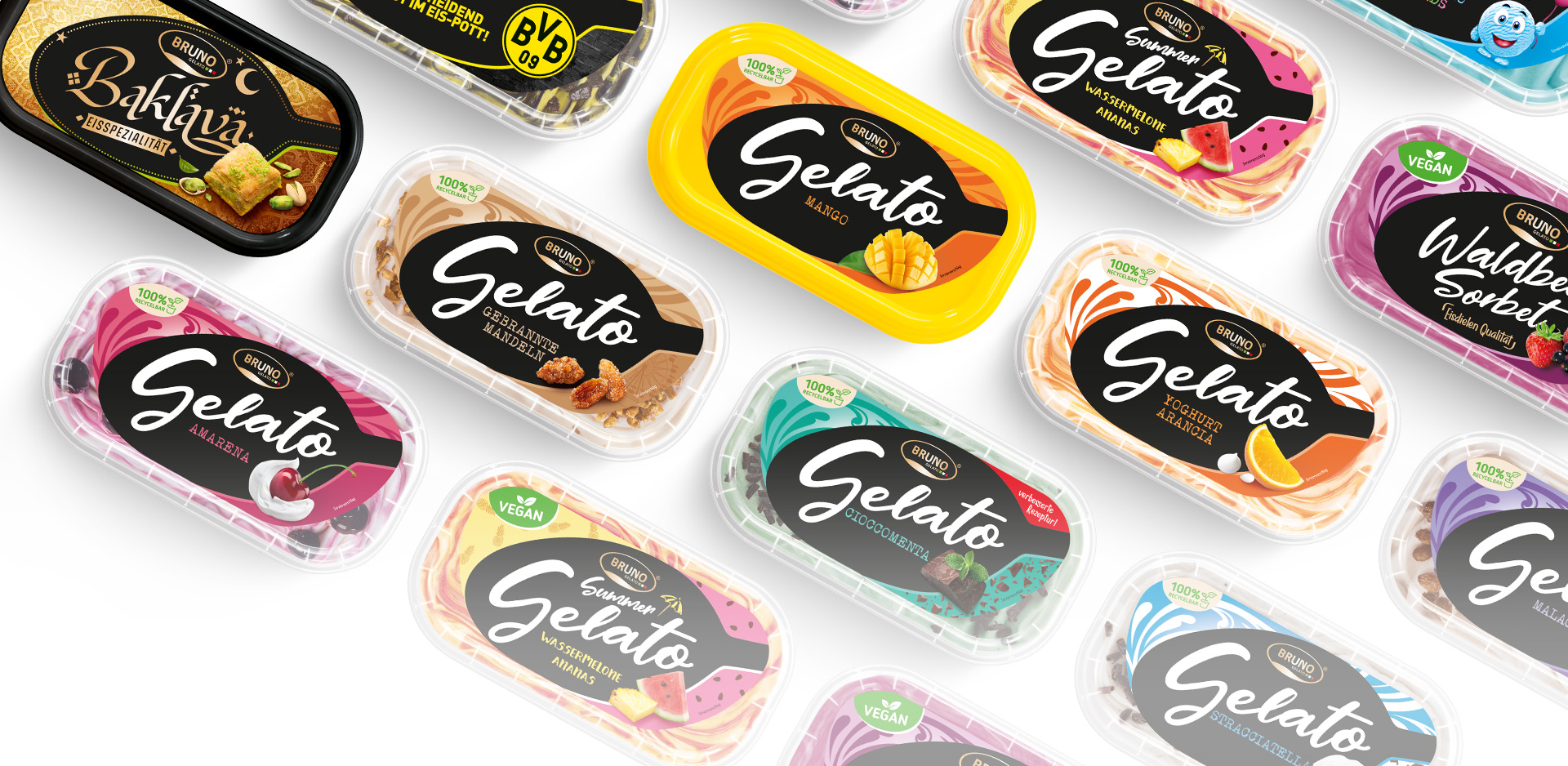 Slider Foto mit einer großen Vielfalt der Eiscremesorten mit unterschiedlichen Geschmacksrichtungen