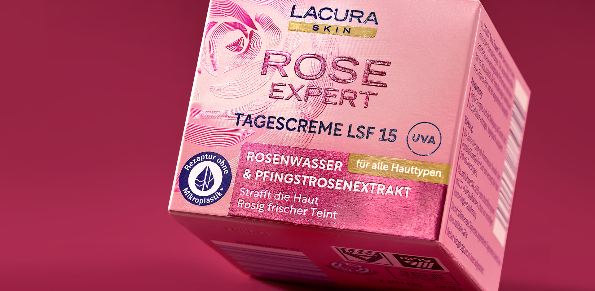Slider Foto mit dem Lacura Skin Logo und einem Rose Expert Tagescreme als Hintergrund