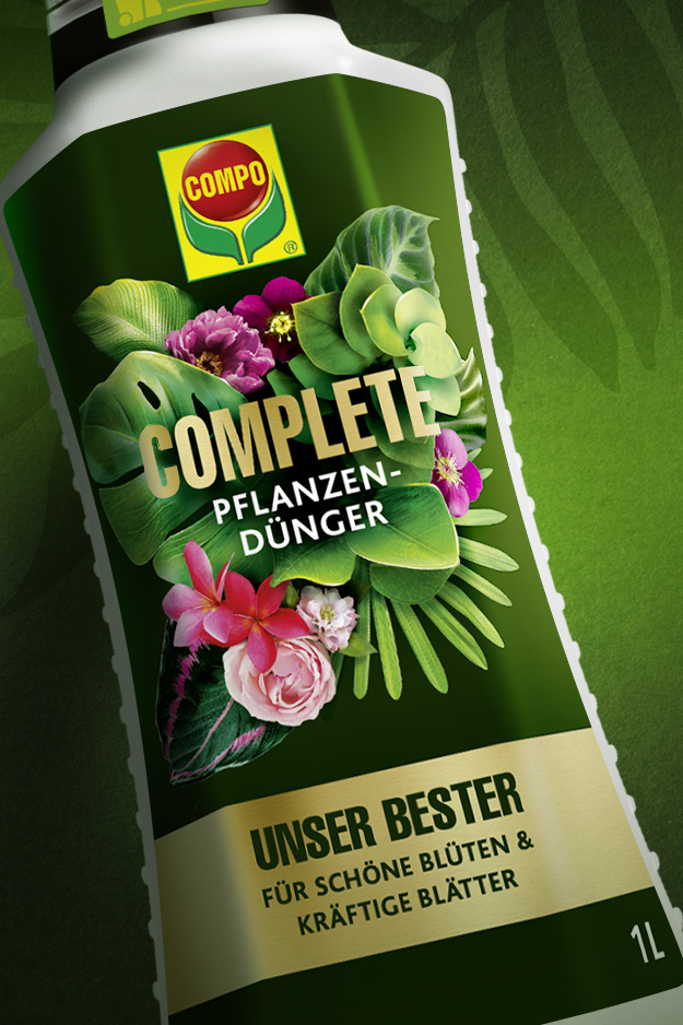 Slider Foto mit dem COMPO Logo und einer Flasche des flüssigen Planzendüngers als Hintergrund
