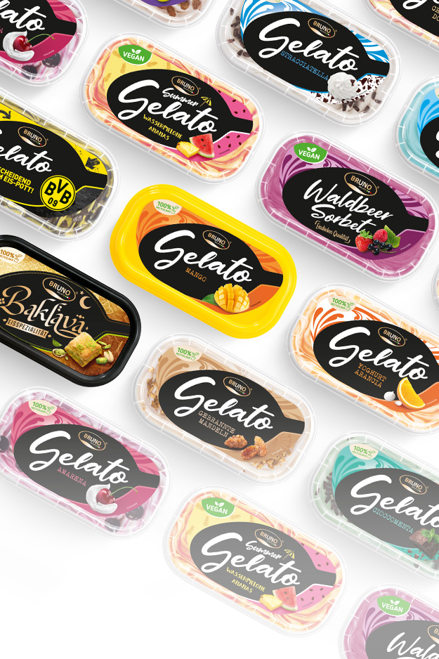 Slider Foto mit einer großen Vielfalt der Eiscremesorten mit unterschiedlichen Geschmacksrichtungen